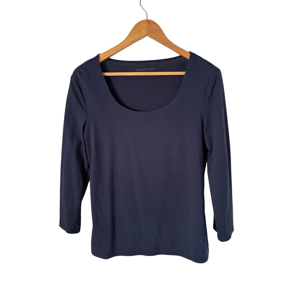 Coldwater Creek Navy Blue Basic 3/4 Sleeve Scoop Neck Cotton Blouse Size S
